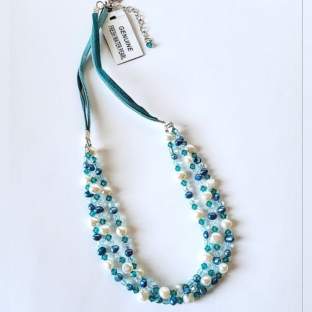 BLUE & WHITE PEARL & AQUA CRYSTAL NECKLACE - TRIPLE STRAND, STERLING CLASP - Picture 9 of 10